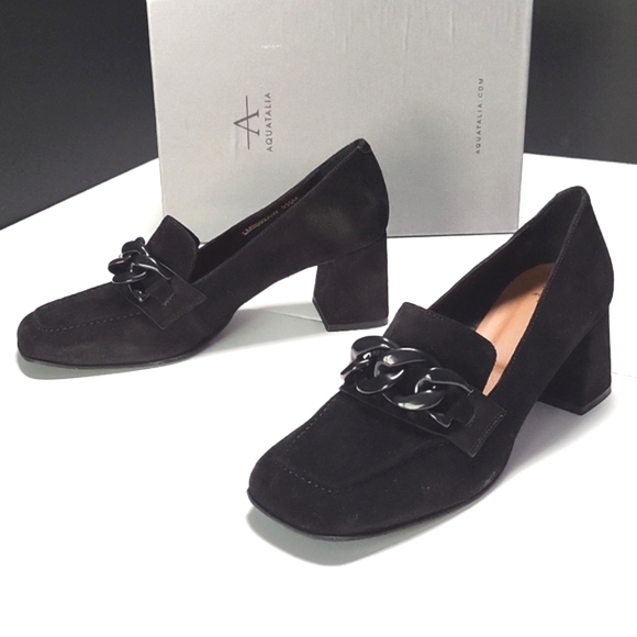NIB$495 Aquatalia Cathie Weatherproof Suede Chain Strap Heeled Loafers Pump 9.5 - Picture 1 of 12